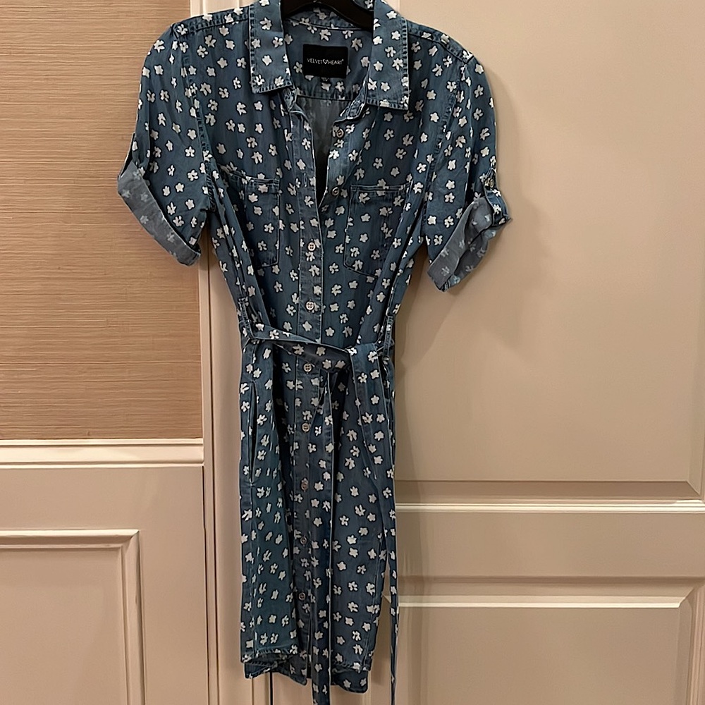 Velvet Heart Blue Shirt Dress with Floral Print